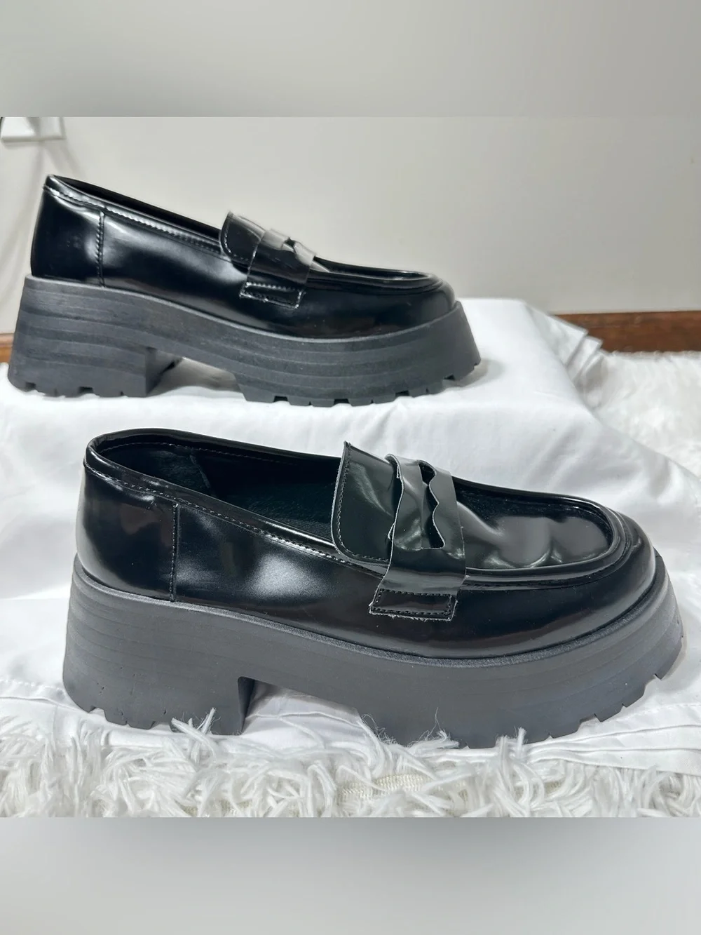 ASOS Design Black Patent Chunky Platform Loafers Lug Sole Women 7 Made In Italy